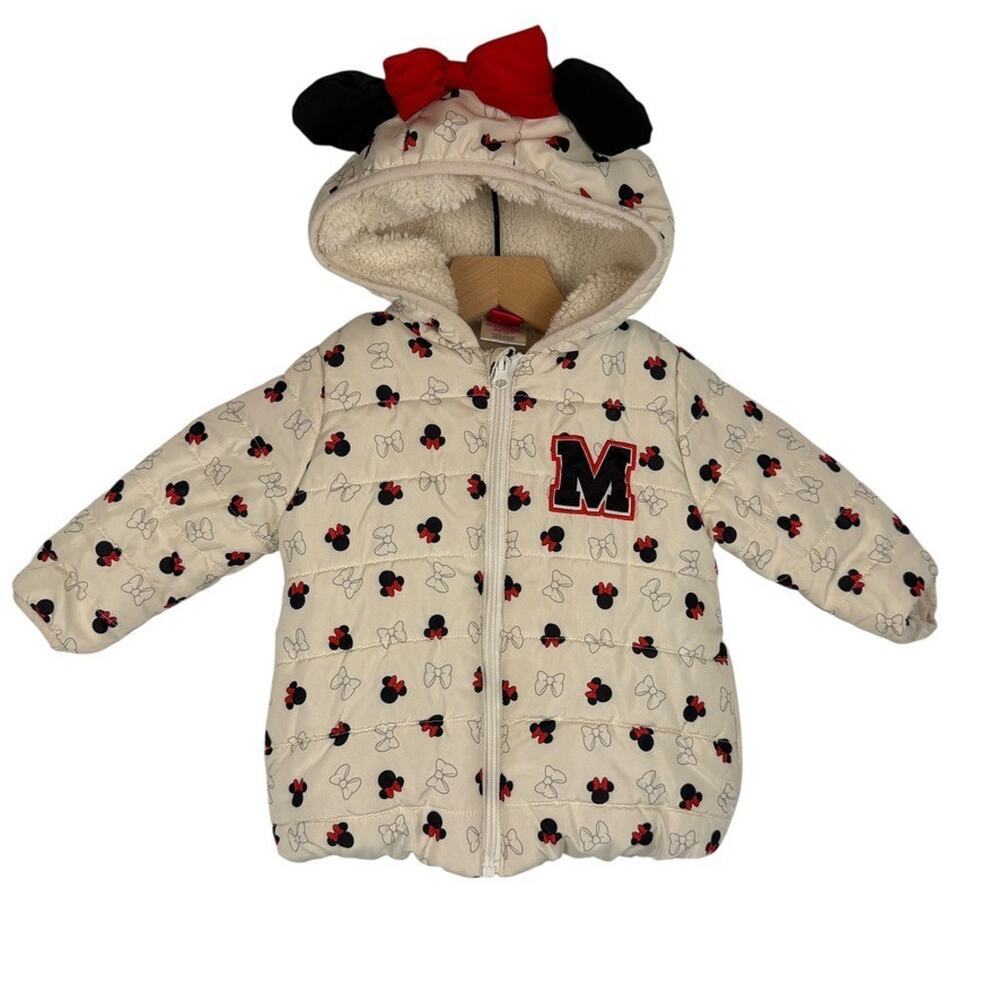 DISNEY Minnie Mouse Puffer‎ Jacket with Ears Toddler Girls 18M Cream Red Black